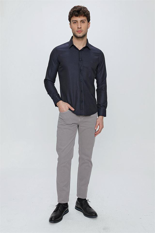 Uzun Kol Desenli Jakarlı Sert Yaka Cepsiz Slim Fit Dar Kesim Klasik Gömlek 1004225117-S
