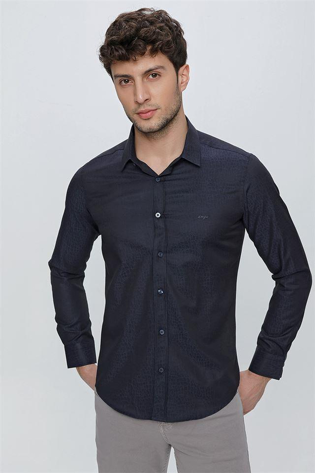 Uzun Kol Desenli Jakarlı Sert Yaka Cepsiz Slim Fit Dar Kesim Klasik Gömlek 1004225117-S