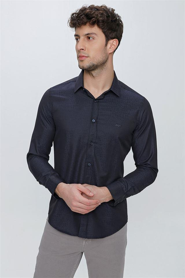 Uzun Kol Desenli Jakarlı Sert Yaka Cepsiz Slim Fit Dar Kesim Klasik Gömlek 1004225117-S