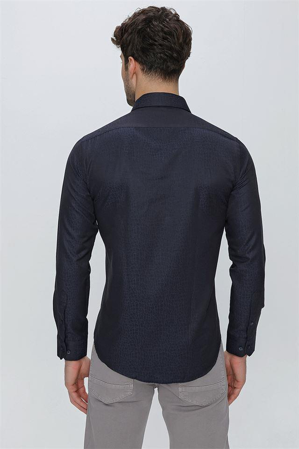 Uzun Kol Desenli Jakarlı Sert Yaka Cepsiz Slim Fit Dar Kesim Klasik Gömlek 1004225117-S