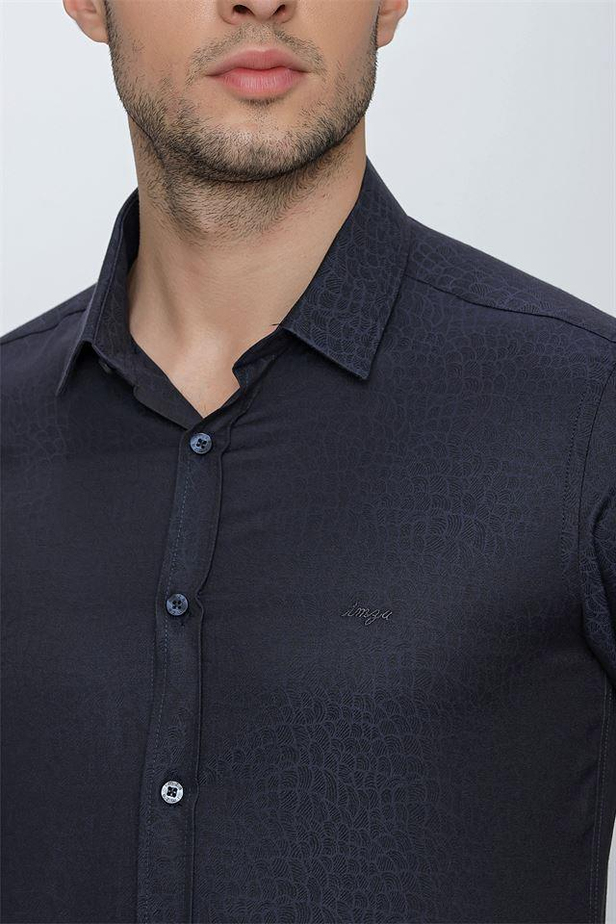 Uzun Kol Desenli Jakarlı Sert Yaka Cepsiz Slim Fit Dar Kesim Klasik Gömlek 1004225117-S