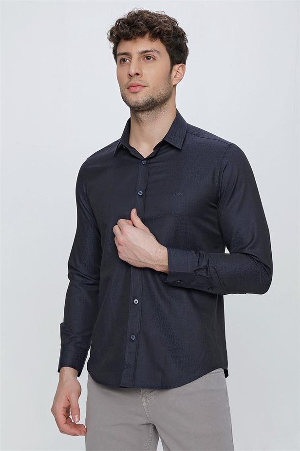 Uzun Kol Desenli Jakarlı Sert Yaka Cepsiz Slim Fit Dar Kesim Klasik Gömlek 1004225117-S