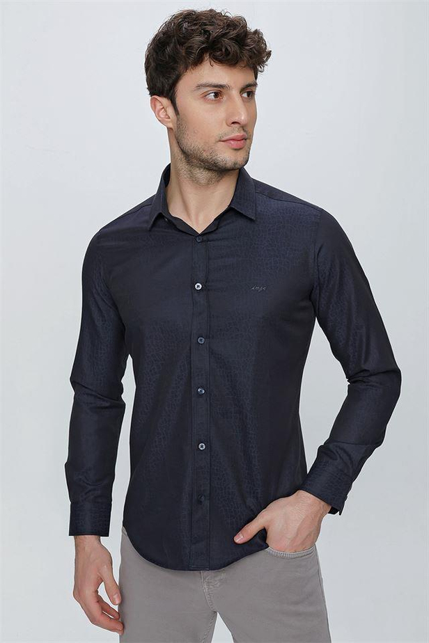 Uzun Kol Desenli Jakarlı Sert Yaka Cepsiz Slim Fit Dar Kesim Klasik Gömlek 1004225117-S