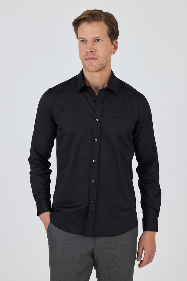 Uzun Kol Düz Bez Ayağı Sert Yaka Cepsiz Pamuklu Classic Slim Fit Gömlek 1004250195