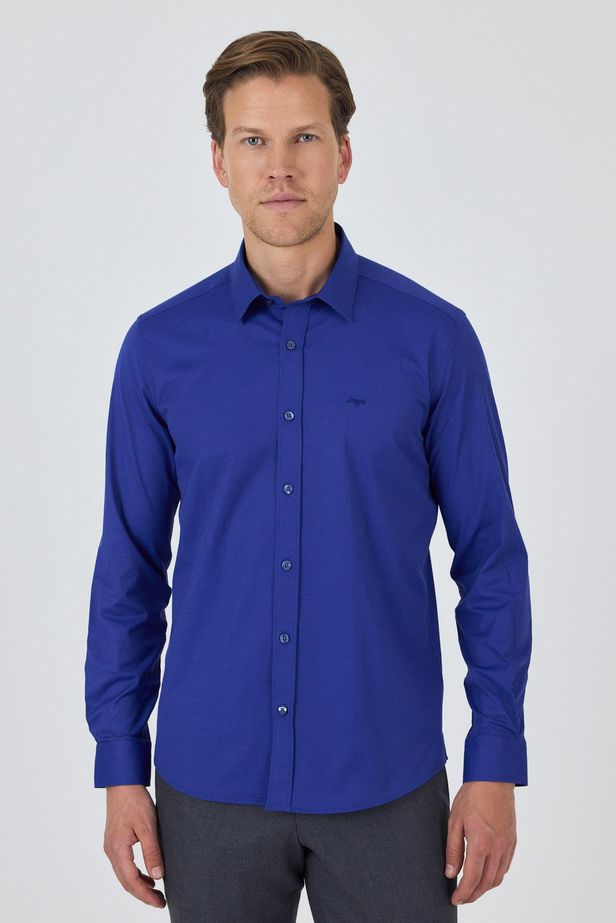 Uzun Kol Düz Bez Ayağı Sert Yaka Cepsiz Pamuklu Classic Slim Fit Gömlek 1004250195