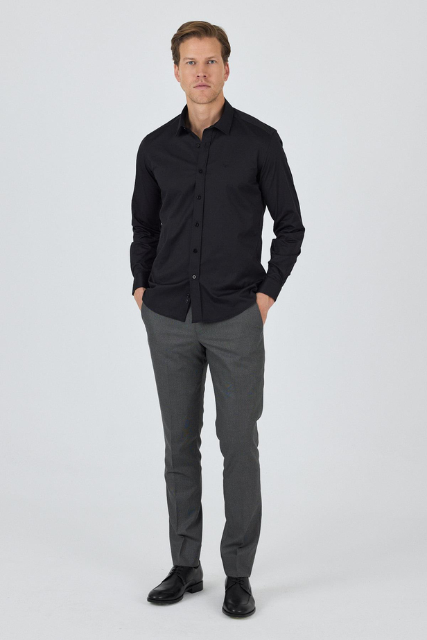 Uzun Kol Düz Bez Ayağı Sert Yaka Cepsiz Pamuklu Classic Slim Fit Gömlek 1004250195