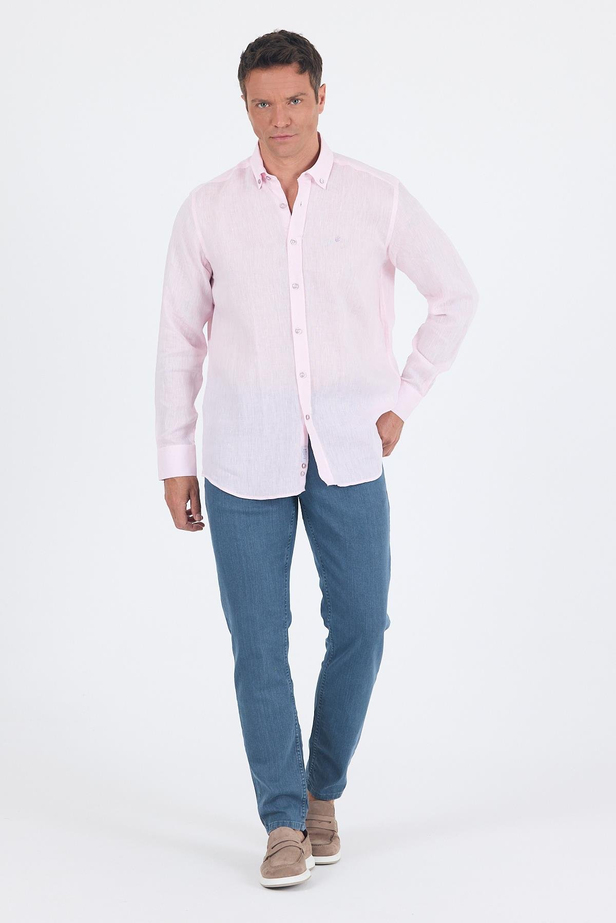 Uzun Kol Düz Keten Düğmeli Yaka Cepsiz Casual Comfort Fit Gömlek 1004250114