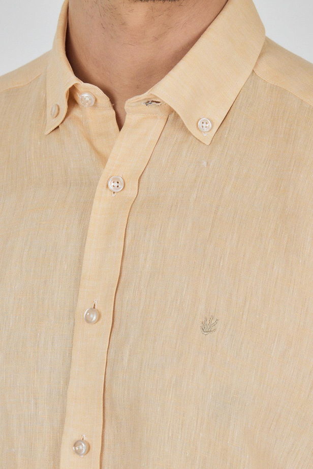 Uzun Kol Düz Keten Düğmeli Yaka Cepsiz Casual Comfort Fit Gömlek 1004250114