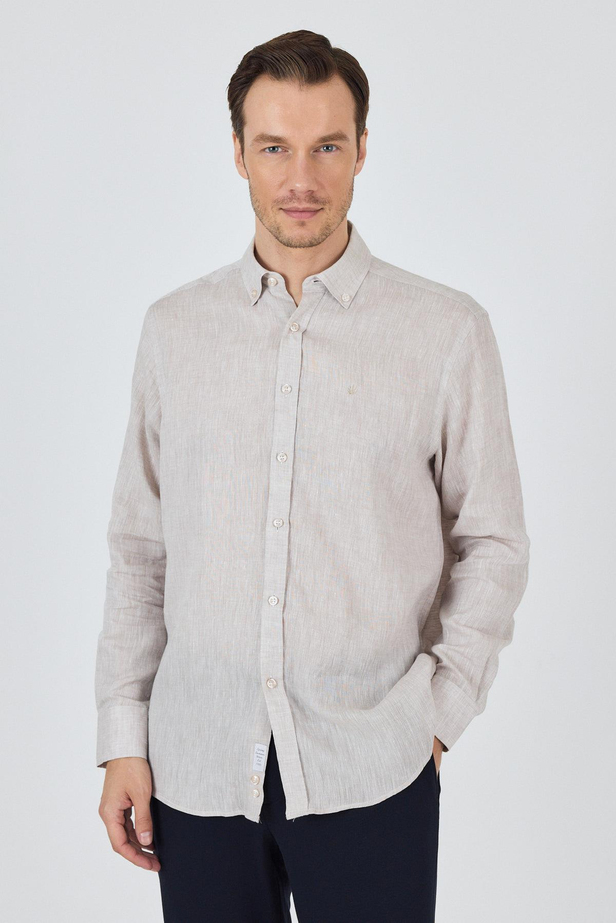 Uzun Kol Düz Keten Düğmeli Yaka Cepsiz Casual Comfort Fit Gömlek 1004250114