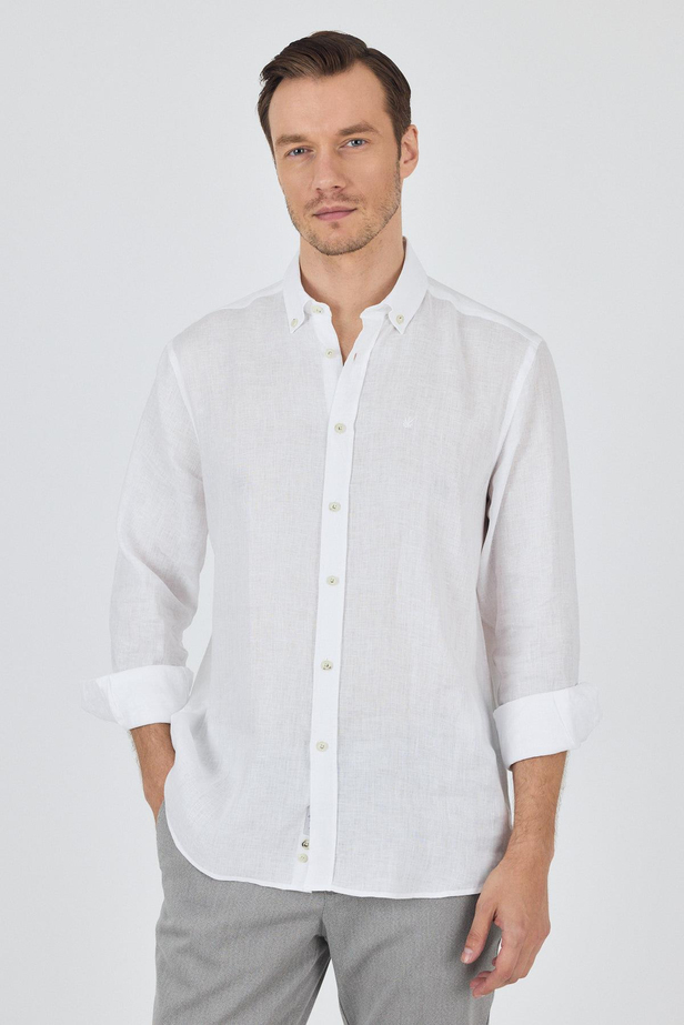 Uzun Kol Düz Keten Düğmeli Yaka Cepsiz Casual Comfort Fit Gömlek 1004250114
