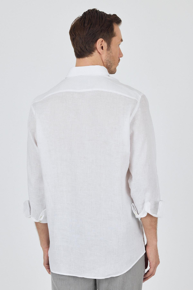 Uzun Kol Düz Keten Düğmeli Yaka Cepsiz Casual Comfort Fit Gömlek 1004250114