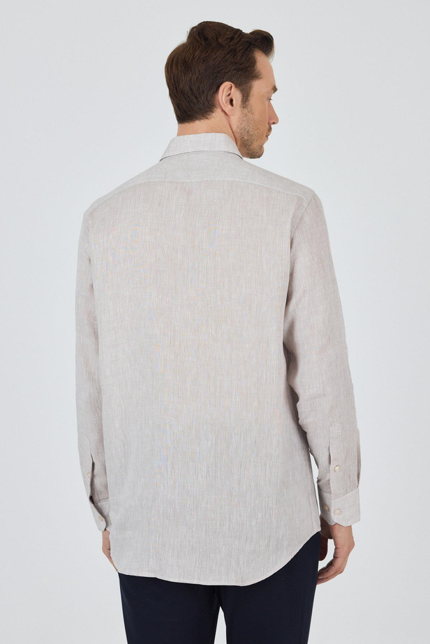 Uzun Kol Düz Keten Düğmeli Yaka Cepsiz Casual Comfort Fit Gömlek 1004250114