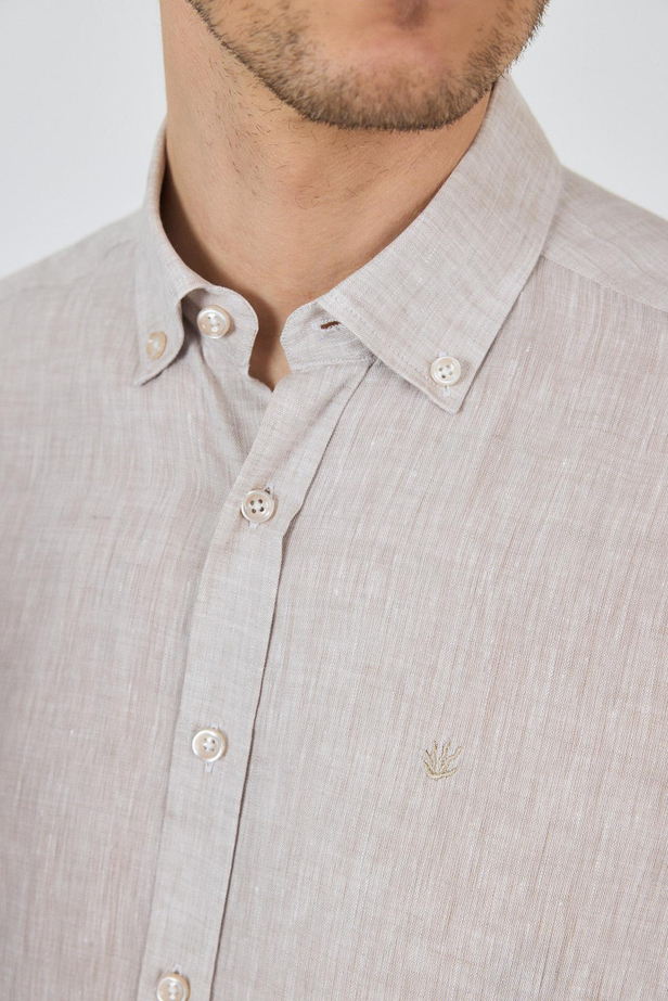 Uzun Kol Düz Keten Düğmeli Yaka Cepsiz Casual Comfort Fit Gömlek 1004250114