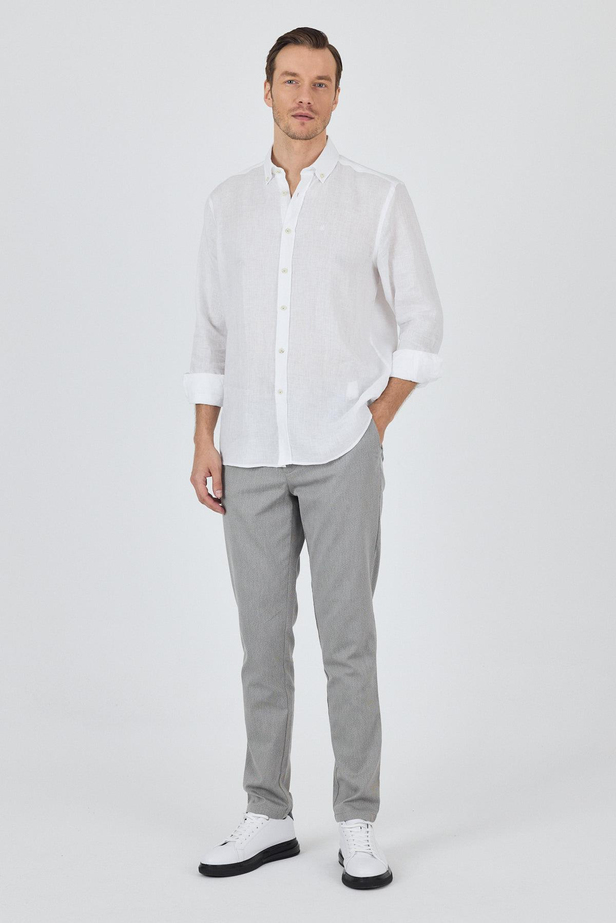 Uzun Kol Düz Keten Düğmeli Yaka Cepsiz Casual Comfort Fit Gömlek 1004250114