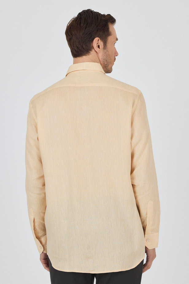 Uzun Kol Düz Keten Düğmeli Yaka Cepsiz Casual Comfort Fit Gömlek 1004250114
