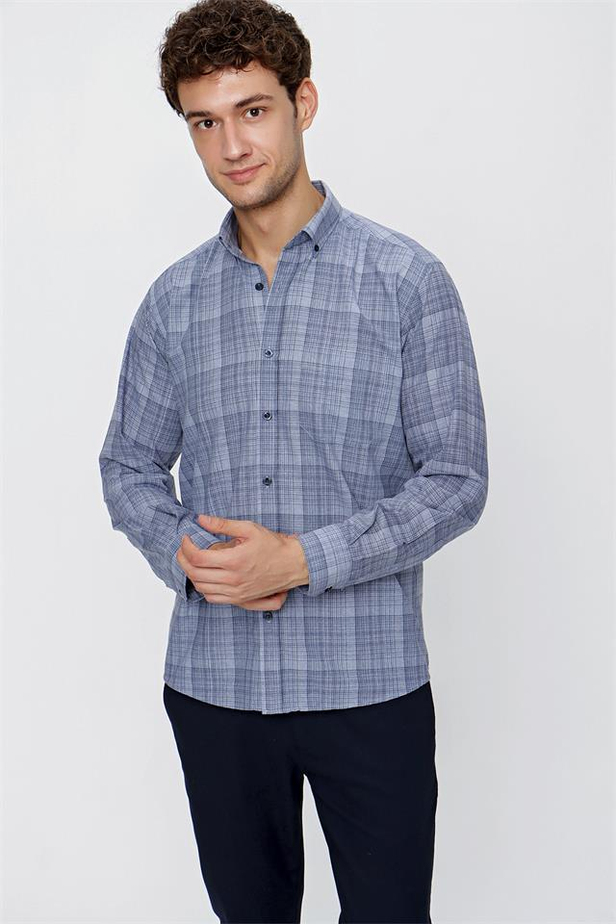 Uzun Kol Ekoseli Düğmeli Yaka Cepli Pamuklu Comfort Fit Rahat Kesim Casual Gömlek 1004225196-S