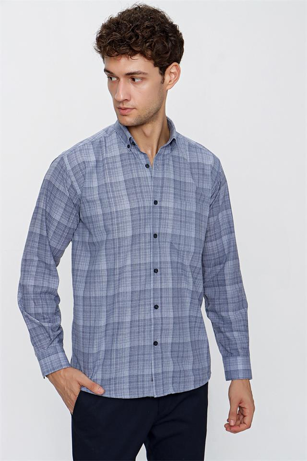 Uzun Kol Ekoseli Düğmeli Yaka Cepli Pamuklu Comfort Fit Rahat Kesim Casual Gömlek 1004225196-S