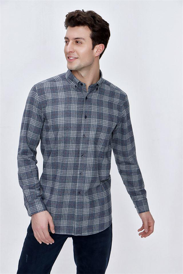 Uzun Kol Ekoseli Gabardin Düğmeli Yaka Cepli Garnili Comfort Fit Rahat Kesim Klasik Gömlek 1004225191-M