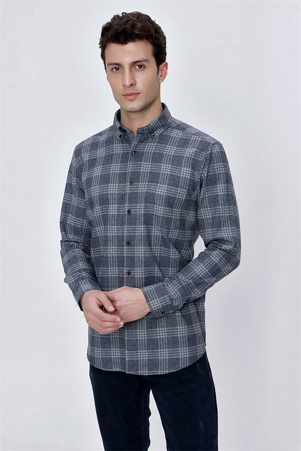 Uzun Kol Ekoseli Gabardin Düğmeli Yaka Cepli Garnili Comfort Fit Rahat Kesim Klasik Gömlek 1004225191-M