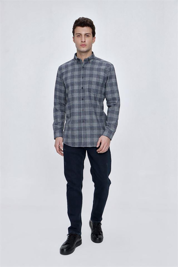 Uzun Kol Ekoseli Gabardin Düğmeli Yaka Cepli Garnili Comfort Fit Rahat Kesim Klasik Gömlek 1004225191-M
