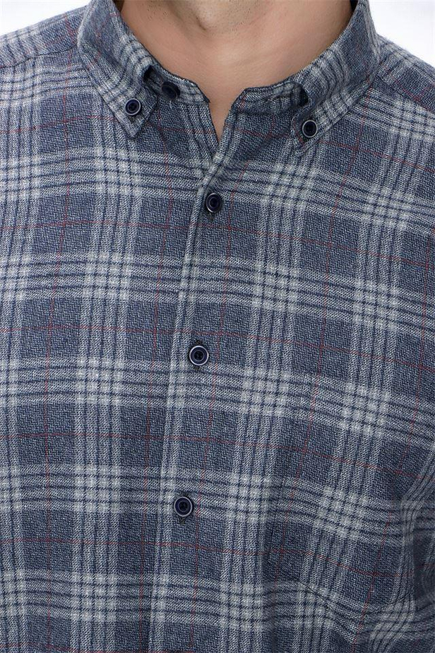 Uzun Kol Ekoseli Gabardin Düğmeli Yaka Cepli Garnili Comfort Fit Rahat Kesim Klasik Gömlek 1004225191-M