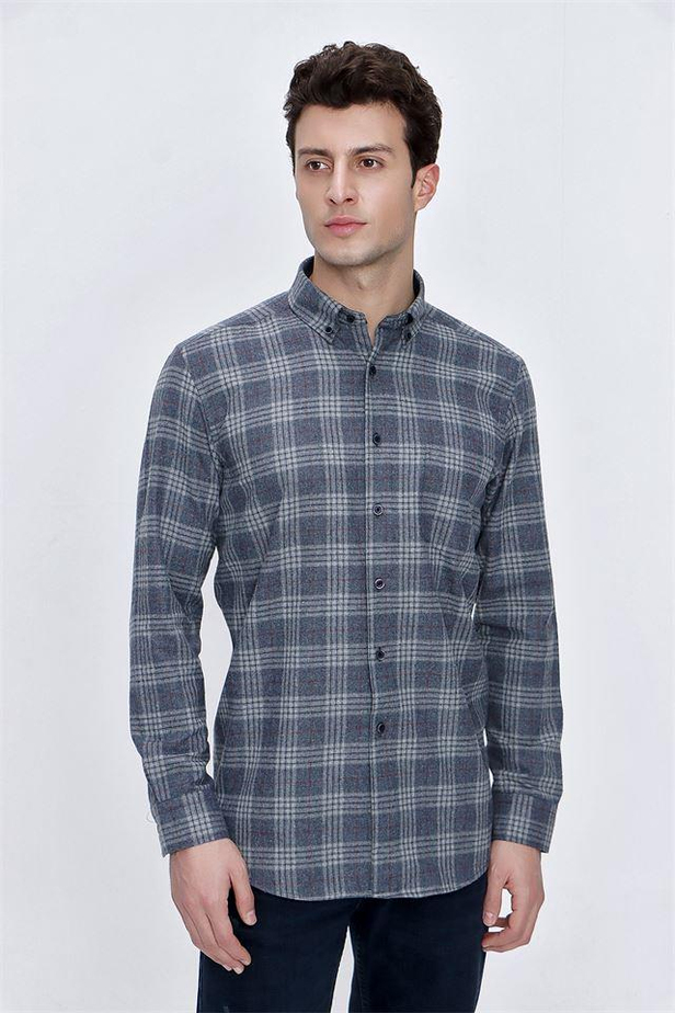Uzun Kol Ekoseli Gabardin Düğmeli Yaka Cepli Garnili Comfort Fit Rahat Kesim Klasik Gömlek 1004225191-M