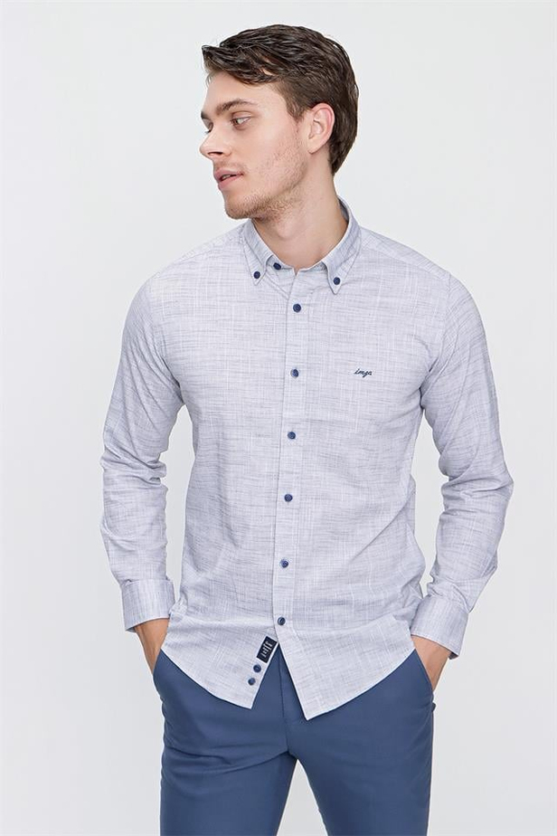 Uzun Kol Filafil Düğmeli Yaka Cepsiz Pamuklu Slim Fit Dar Kesim Casual Gömlek 1004220193-S