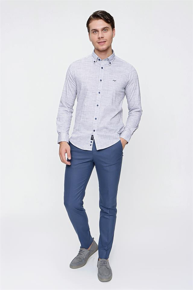 Uzun Kol Filafil Düğmeli Yaka Cepsiz Pamuklu Slim Fit Dar Kesim Casual Gömlek 1004220193-S