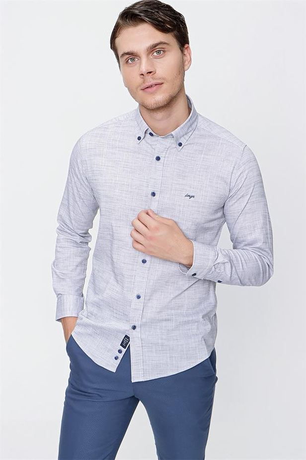 Uzun Kol Filafil Düğmeli Yaka Cepsiz Pamuklu Slim Fit Dar Kesim Casual Gömlek 1004220193-S