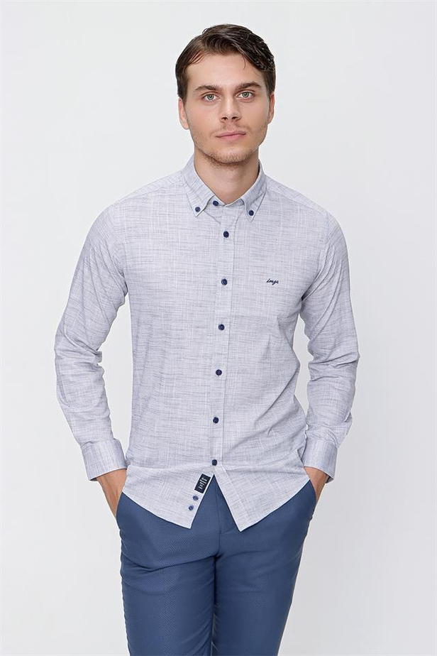 Uzun Kol Filafil Düğmeli Yaka Cepsiz Pamuklu Slim Fit Dar Kesim Casual Gömlek 1004220193-S