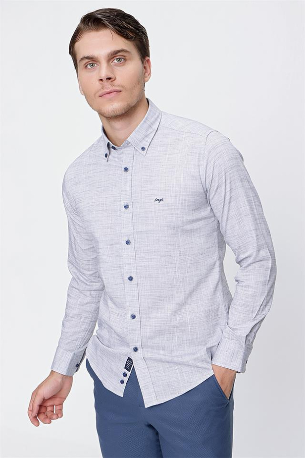 Uzun Kol Filafil Düğmeli Yaka Cepsiz Pamuklu Slim Fit Dar Kesim Casual Gömlek 1004220193-S