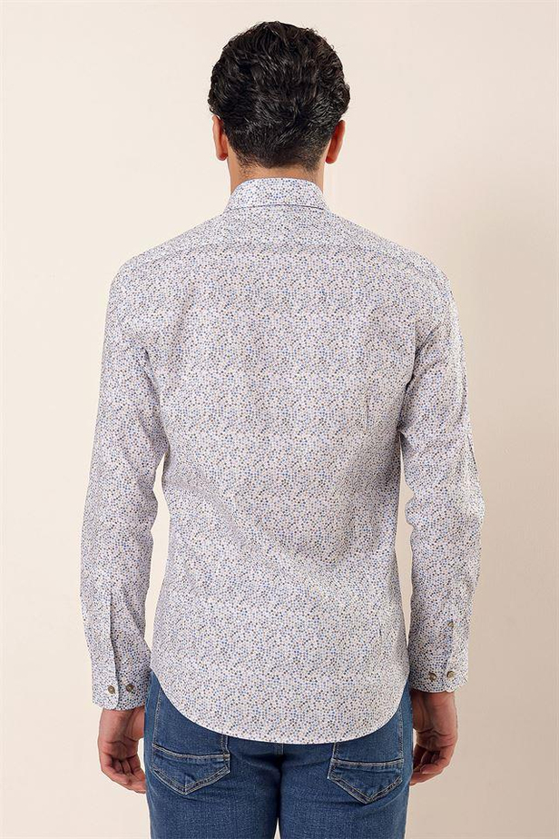 Uzun Kollu Baskılı Sert Yaka Cepsiz Pamuklu Likralı Casual Slim Fit Gömlek 1004230135-S