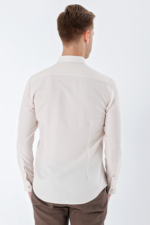 Uzun Kollu Desenli Armürlü Cepsiz Klasik Slim Fit Dar Kesim Gömlek 1004230216 Açık Bej