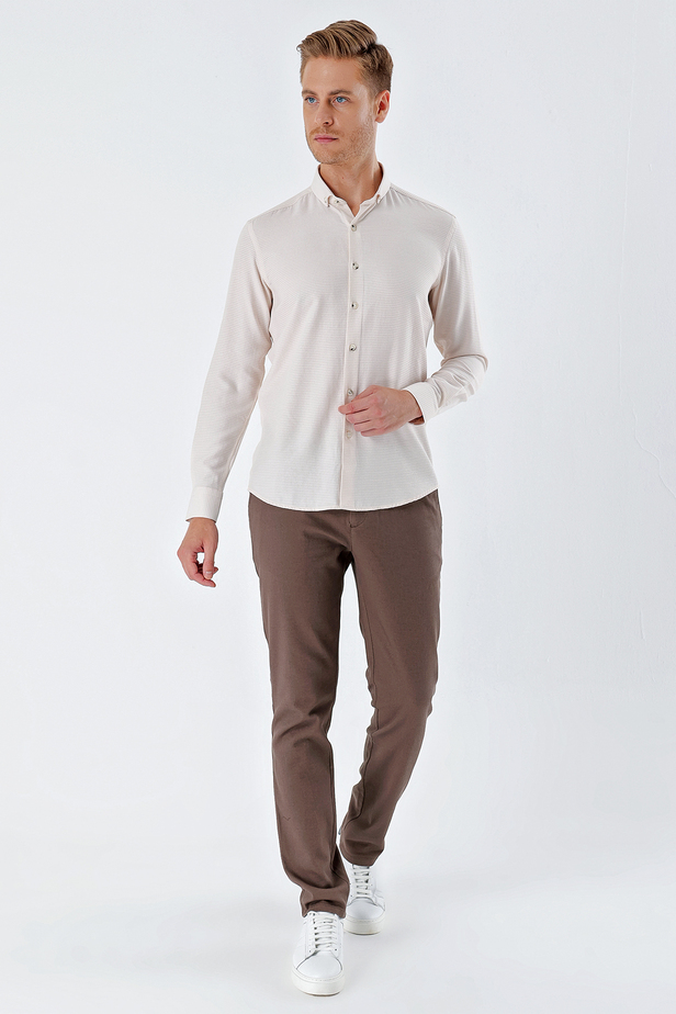 Uzun Kollu Desenli Armürlü Cepsiz Klasik Slim Fit Dar Kesim Gömlek 1004230216 Açık Bej
