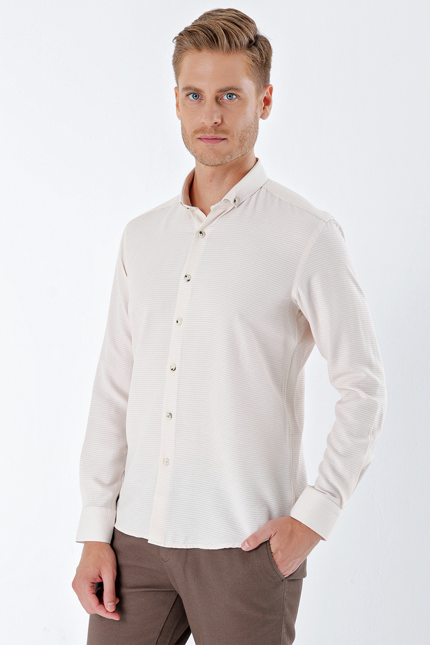 Uzun Kollu Desenli Armürlü Cepsiz Klasik Slim Fit Dar Kesim Gömlek 1004230216 Açık Bej