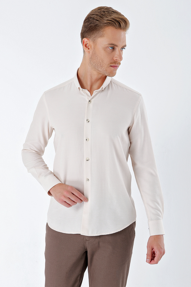 Uzun Kollu Desenli Armürlü Cepsiz Klasik Slim Fit Dar Kesim Gömlek 1004230216 Açık Bej