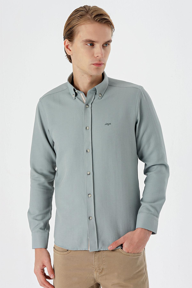 Uzun Kollu Desenli Armürlü Düğmeli Yaka Cepsiz  Pamuklu Klasik Slim Fit Gömlek 1004235147 Su Yeşili