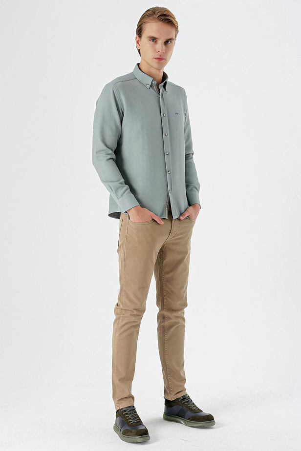 Uzun Kollu Desenli Armürlü Düğmeli Yaka Cepsiz  Pamuklu Klasik Slim Fit Gömlek 1004235147 Su Yeşili