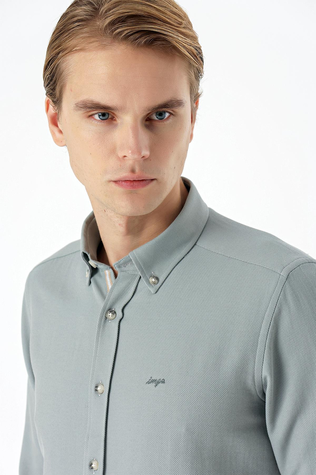 Uzun Kollu Desenli Armürlü Düğmeli Yaka Cepsiz  Pamuklu Klasik Slim Fit Gömlek 1004235147 Su Yeşili