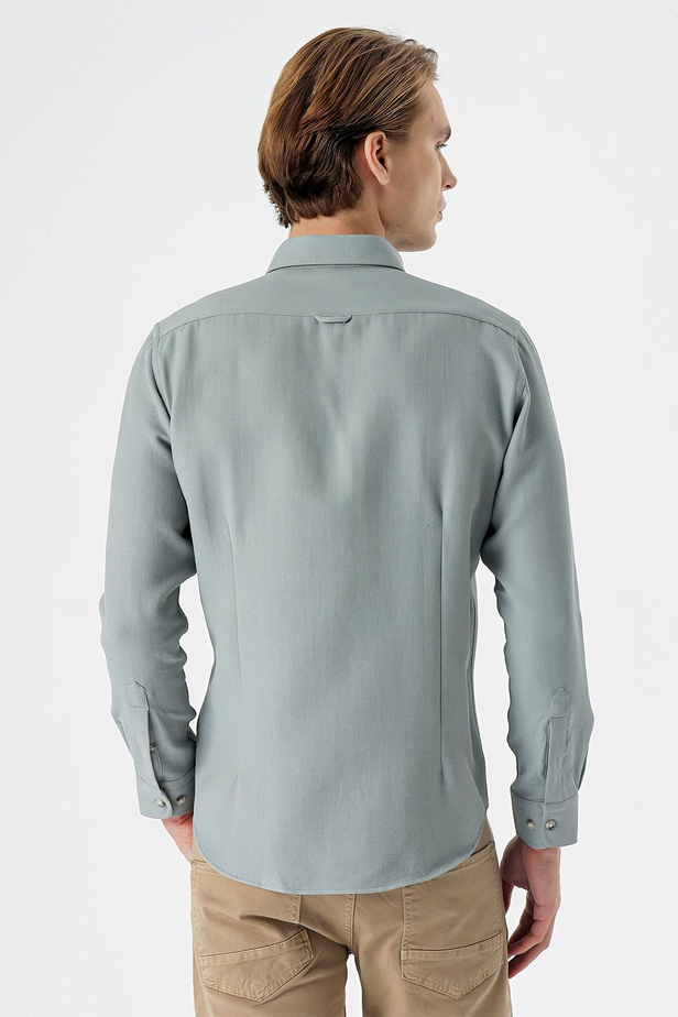 Uzun Kollu Desenli Armürlü Düğmeli Yaka Cepsiz  Pamuklu Klasik Slim Fit Gömlek 1004235147 Su Yeşili