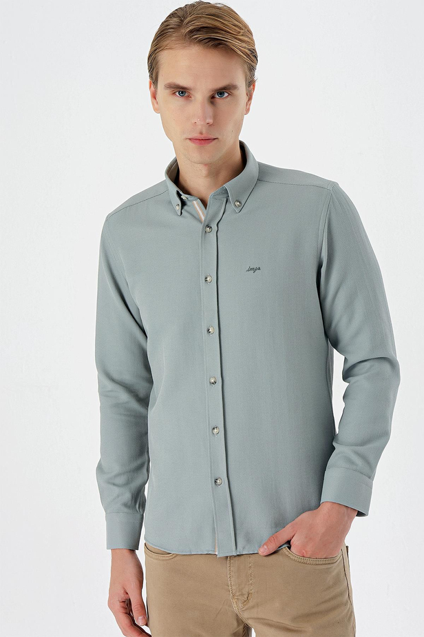 Uzun Kollu Desenli Armürlü Düğmeli Yaka Cepsiz  Pamuklu Klasik Slim Fit Gömlek 1004235147 Su Yeşili