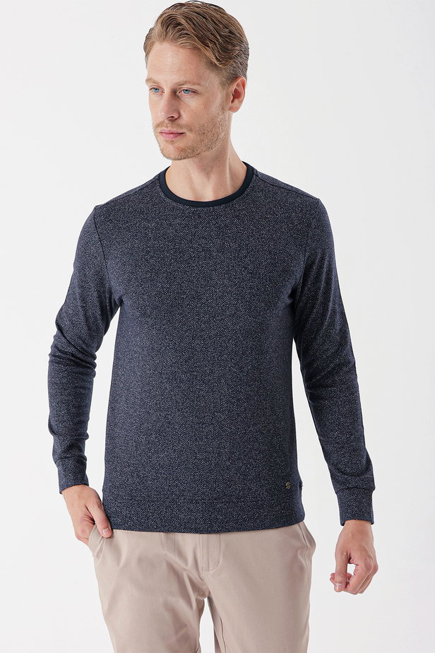 Uzun Kollu Desenli Örme Bisiklet Yaka    Casual Slim Fit Dar Kesim Sweatshirt 1013235101 Koyu Lacivert