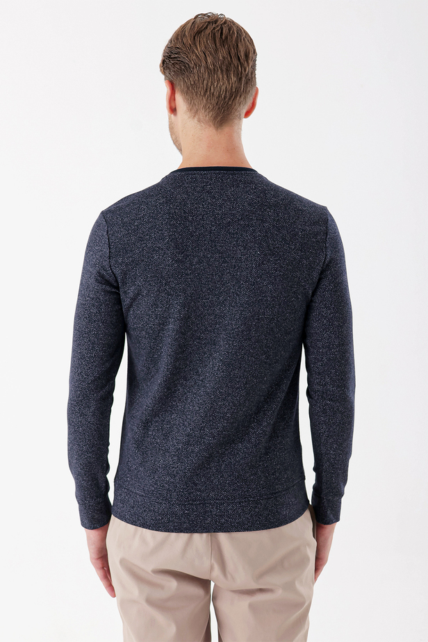 Uzun Kollu Desenli Örme Bisiklet Yaka    Casual Slim Fit Dar Kesim Sweatshirt 1013235101 Koyu Lacivert