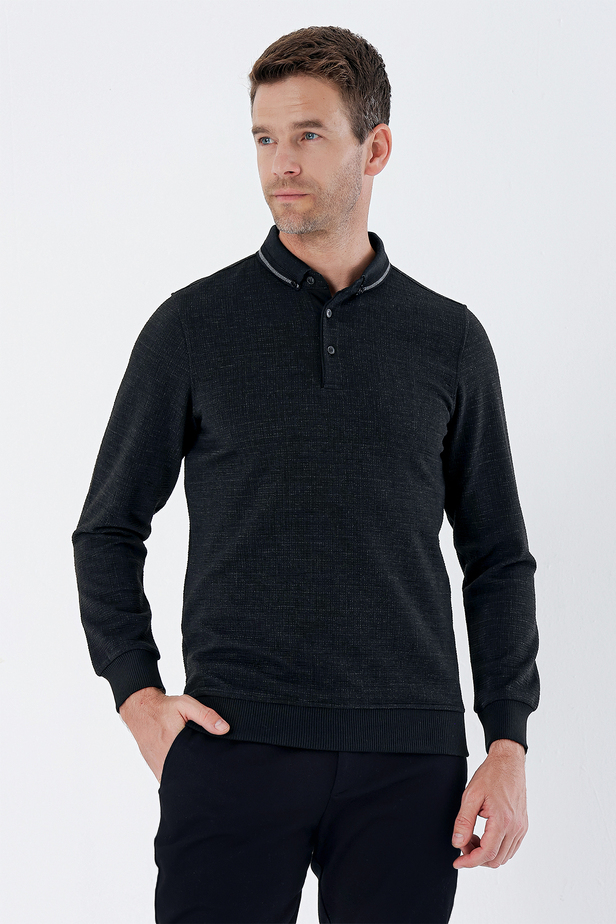 Uzun Kollu Desenli Örme Polo Yaka   Likralı Casual Comfort Fit Sweatshirt 1013235106 Siyah