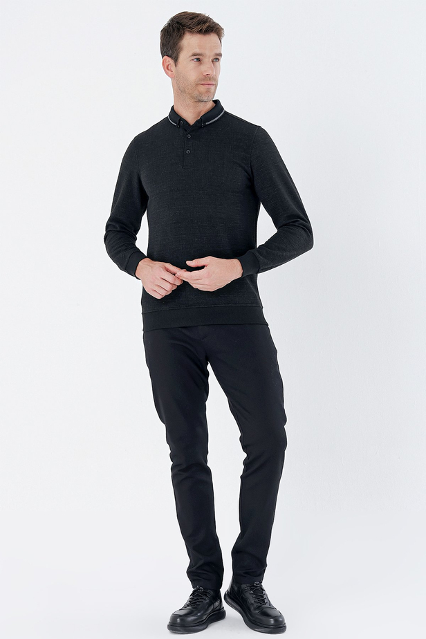 Uzun Kollu Desenli Örme Polo Yaka   Likralı Casual Comfort Fit Sweatshirt 1013235106 Siyah