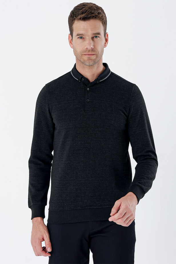 Uzun Kollu Desenli Örme Polo Yaka   Likralı Casual Comfort Fit Sweatshirt 1013235106 Siyah