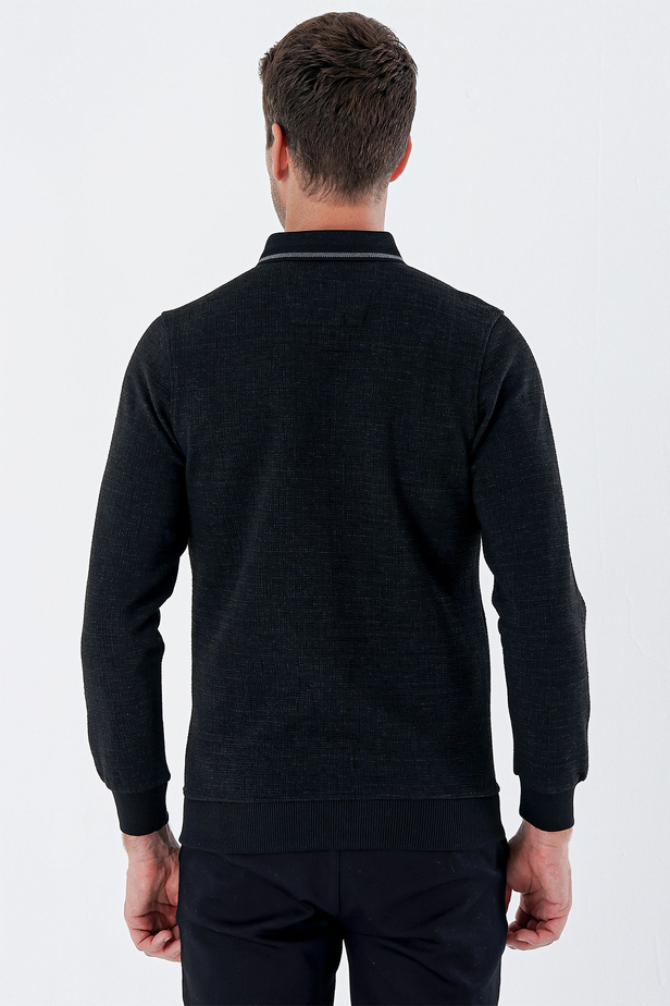 Uzun Kollu Desenli Örme Polo Yaka   Likralı Casual Comfort Fit Sweatshirt 1013235106 Siyah
