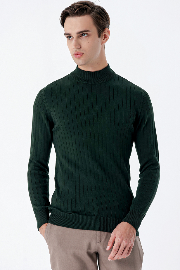 Uzun Kollu Desenli Örme Yarım Balıkçı Yaka Pamuklu Klasik Comfort Triko 1012235166 Koyu Yeşil