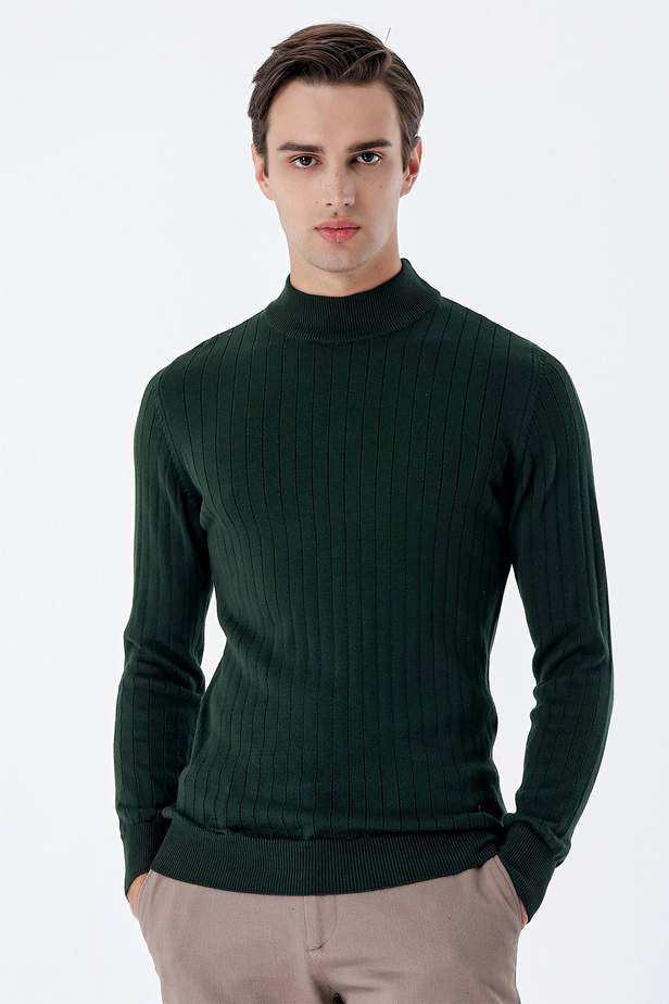 Uzun Kollu Desenli Örme Yarım Balıkçı Yaka Pamuklu Klasik Comfort Triko 1012235166 Koyu Yeşil