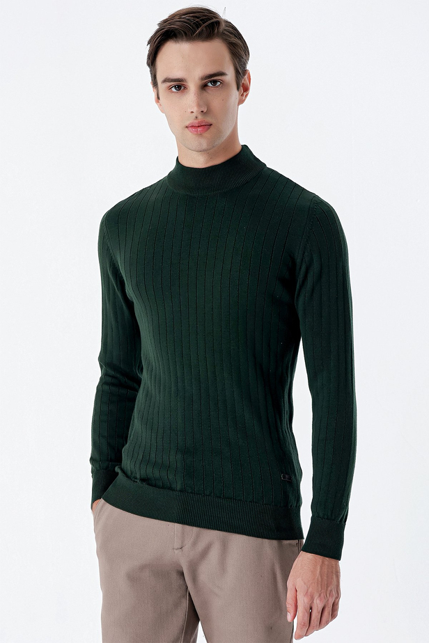 Uzun Kollu Desenli Örme Yarım Balıkçı Yaka Pamuklu Klasik Comfort Triko 1012235166 Koyu Yeşil